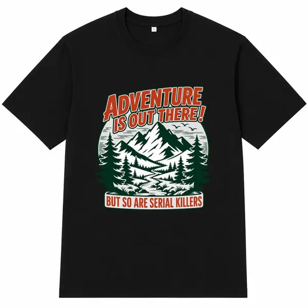 Outdoor Camping Outfit - قميص أسود مطبوع عليه نصوص للمغامرات